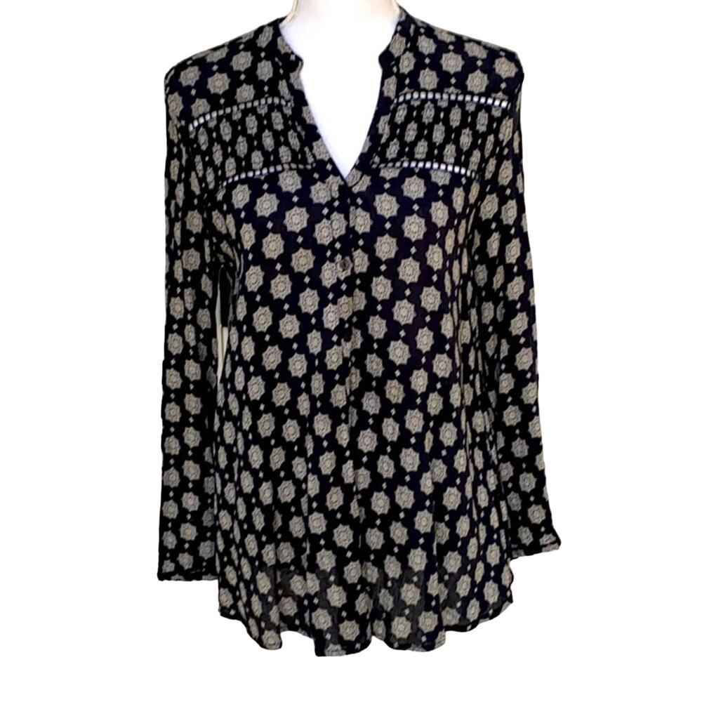 Sun & Shadow Gauze Tunic Button-Down Crochet Blouse Boho Festival Shirt Small